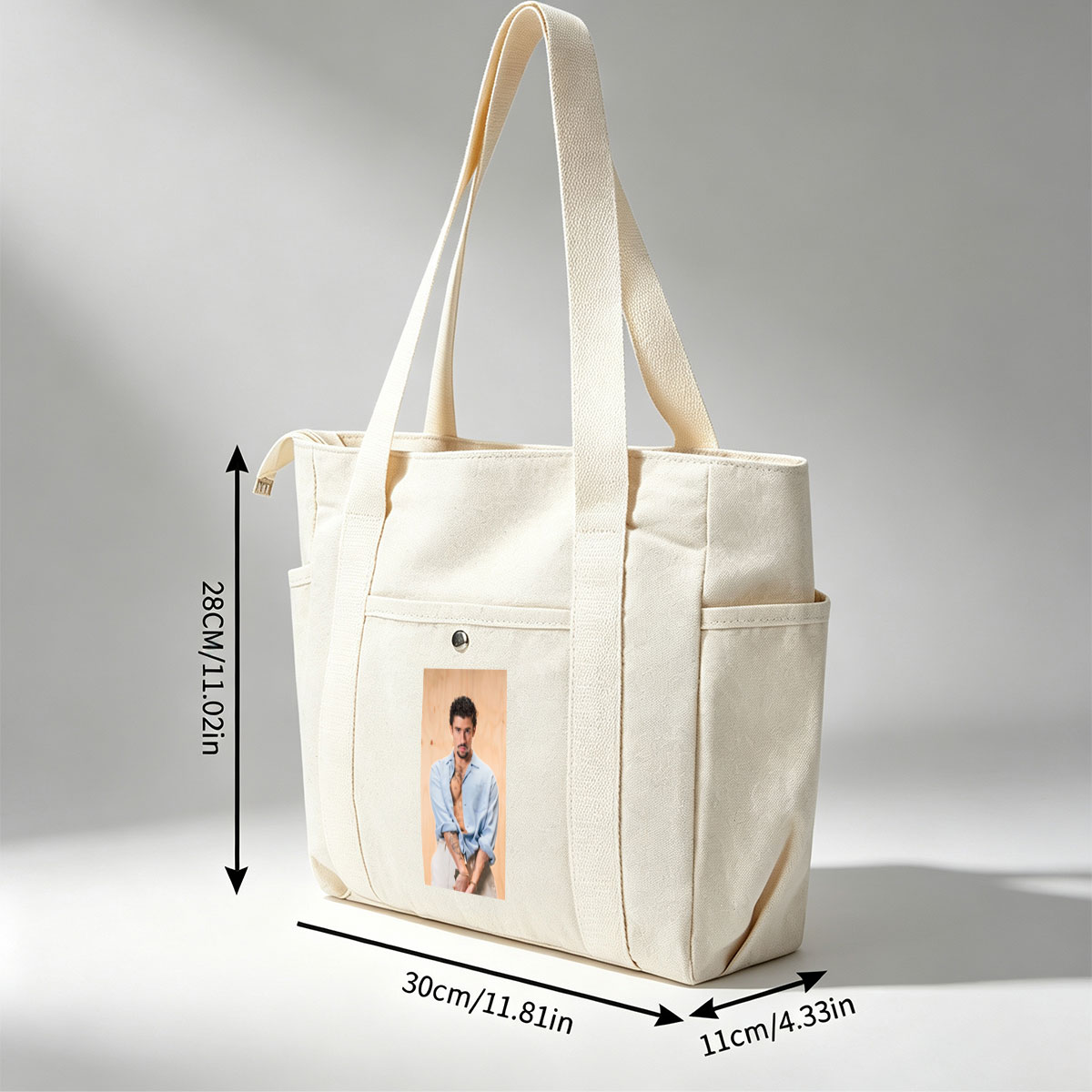 Bad Bunny in a Casual Pose Wearing an Open Light Blue Shirt and White Pants with Visible Tattoos - Multi-pocket bags