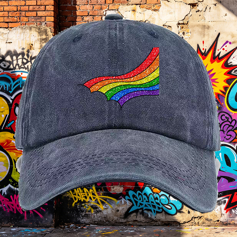 Men's Rainbow Glitter Print Washed Cap Casual Round Brim Summer Lightweight Hat for Outdoor Activities and Streetwear Fashion Adults