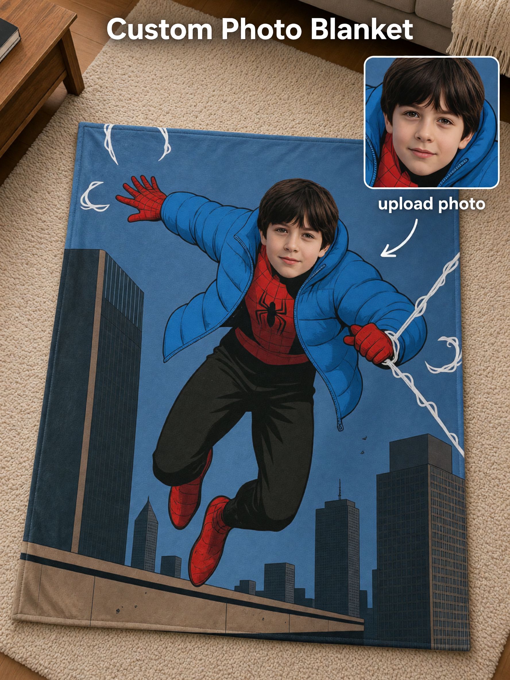 Custom Face Superhero Blanket Personalized Photo Flannel Fleece Throw, Warm Cozy Gift for Kids and Family