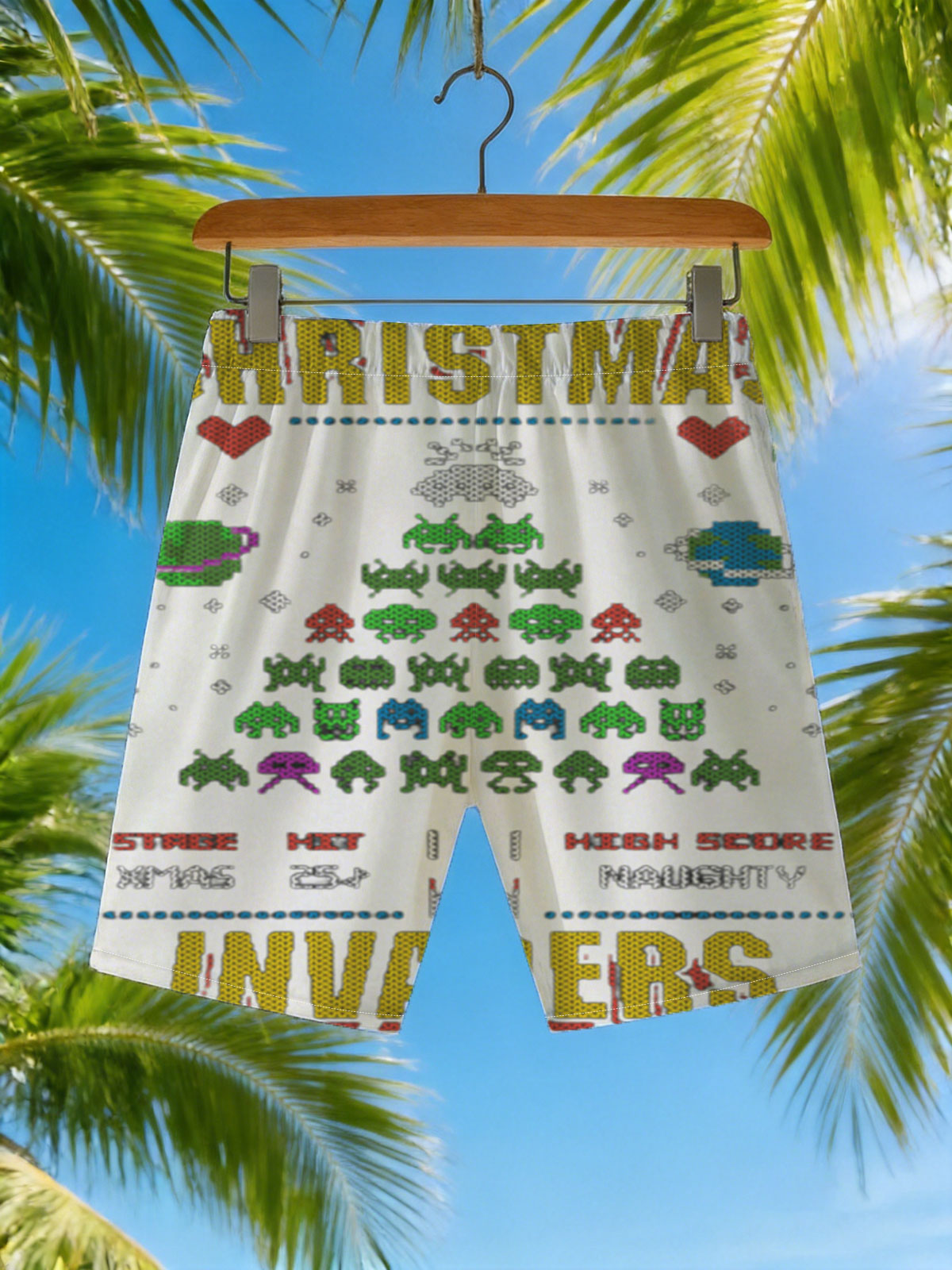 Christmas Invaders: Space Aliens, Santa, and Pixel Art Holiday Battle -  Beach shorts