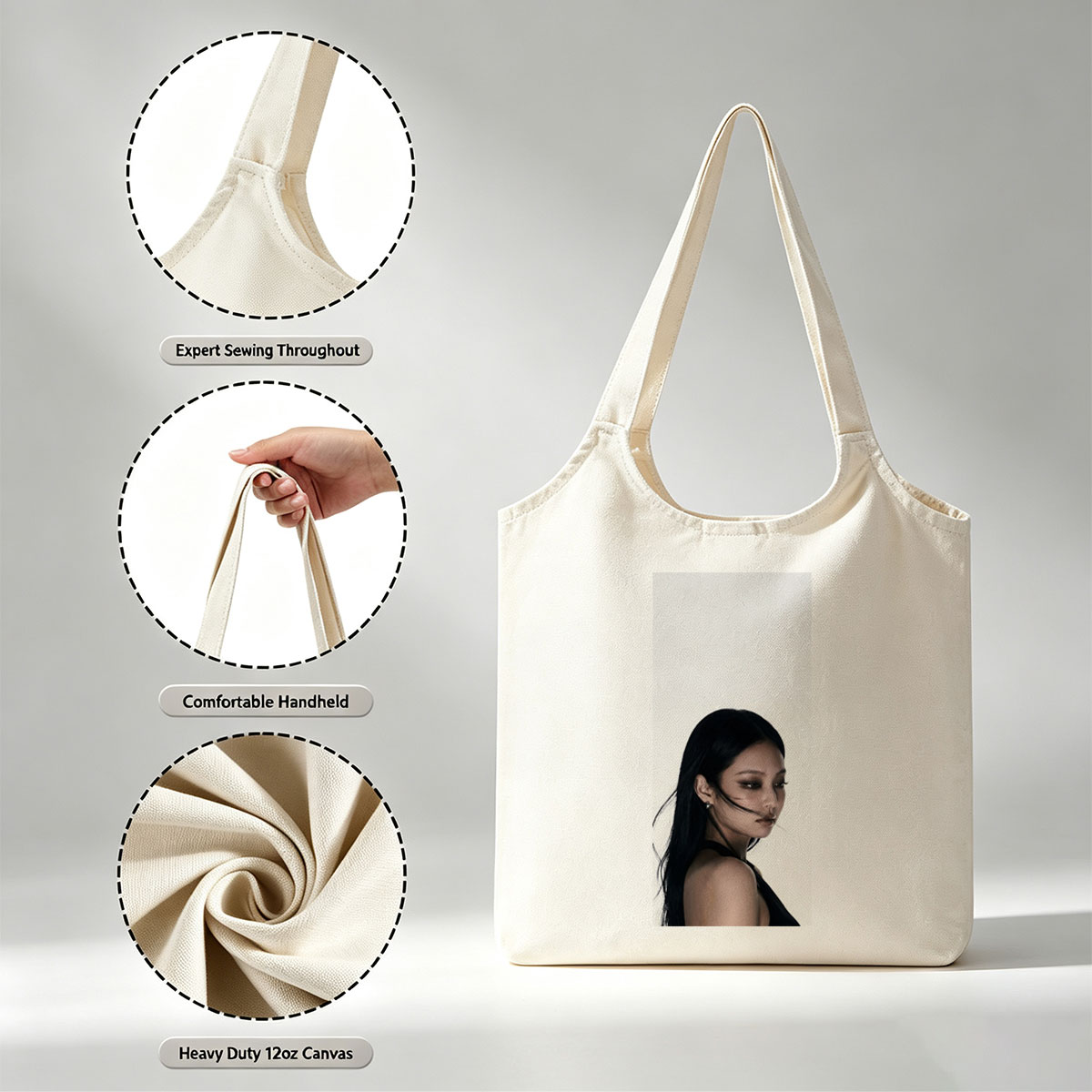 Jennie Blackpink Portrait Close-Up with Long Dark Hair and Elegant Makeup - Canvas shoulder bags/