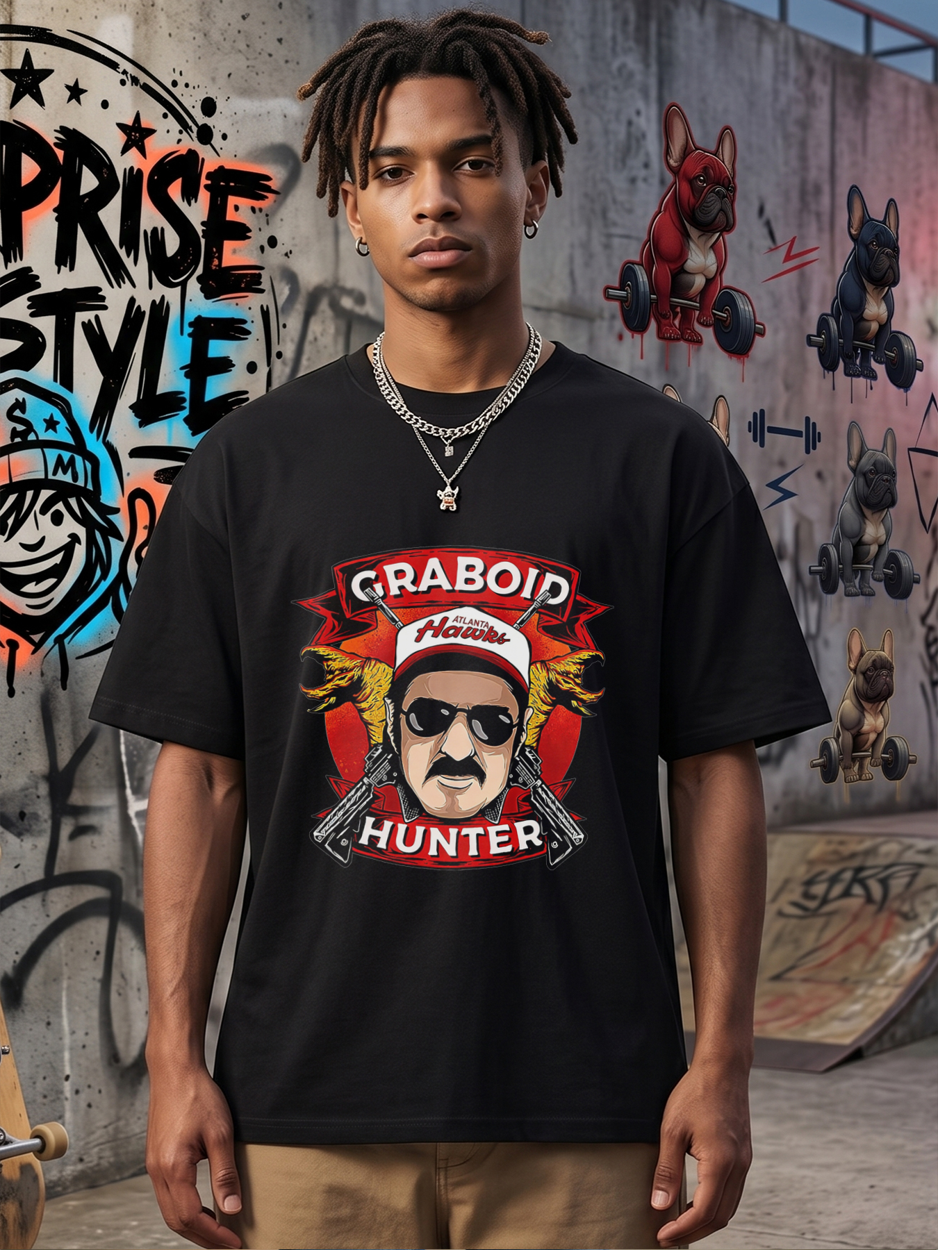 Men's Graboid Hunter Print T-Shirt Featuring Cartoon Hunter with Atlanta Hawks Cap and Crossed Guns Design, Casual Round Neck Summer Lightweight Breathable Short Sleeve Tee for Outdoor Enthusiasts and Pop Culture Fans