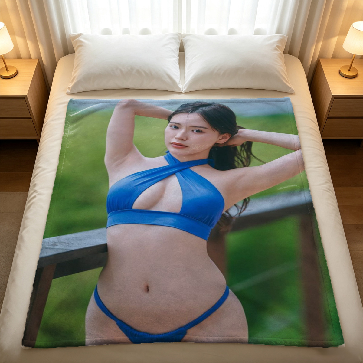 Blindfolded Woman in Black Lingerie Holding Teddy Bear by Fireplace - Blanket