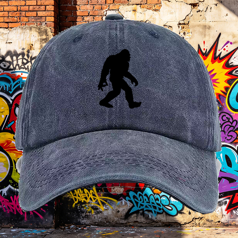 Men's Printed Washed Cap with Bigfoot Silhouette Design - Casual Round Brim Summer Lightweight Hat for Outdoor Adventures, Hiking, Camping, and Everyday Wear - Ideal for Men Who Love Nature and Wildlife Themes