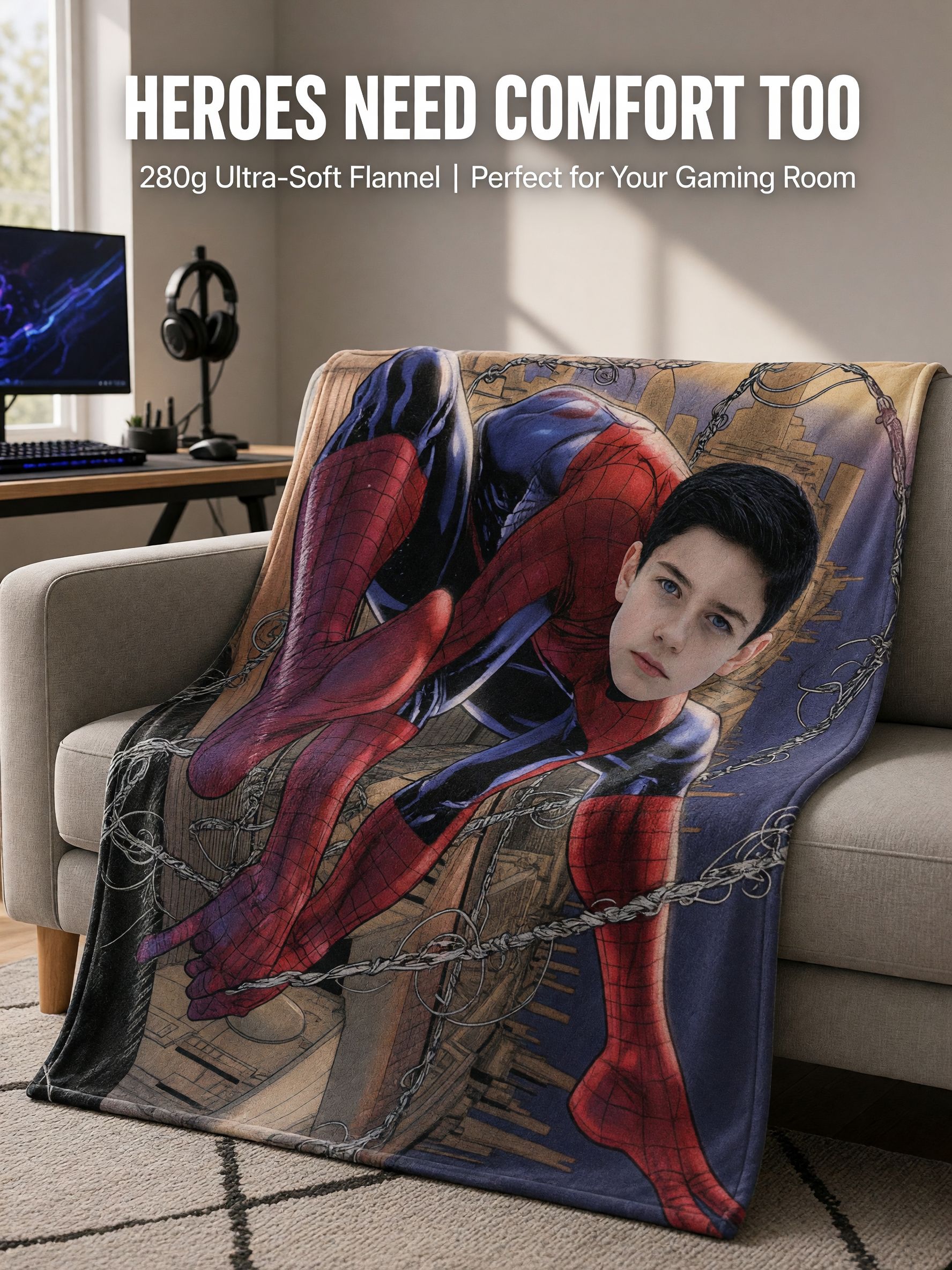 Custom Face Blanket Personalized Comic Hero Avatar Flannel Throw Ultra-Soft Skin-Friendly Cozy Gift for Kids and Friends
