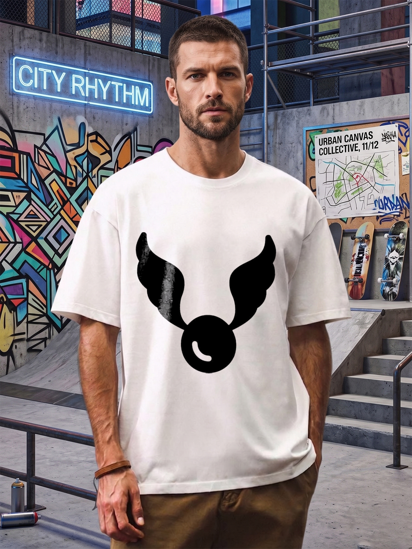Men's Printed T-Shirt with Wings and Moon Design Casual Round Neck Summer Lightweight Breathable Short Sleeve T-Shirt for Outdoor Activities, Travel, Daily Wear, Urban Style Men