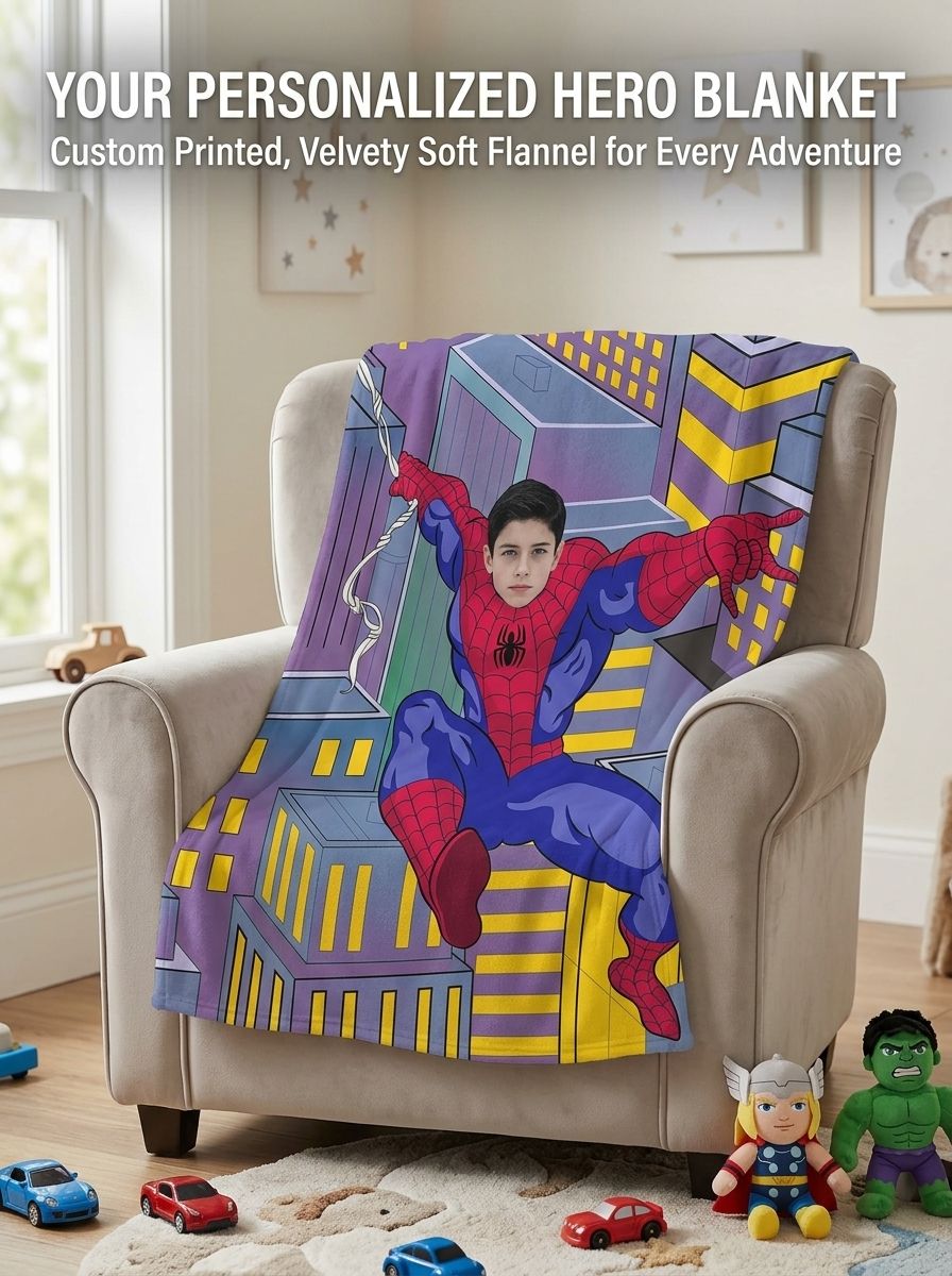 Personalized Superhero Photo Blanket Custom Face Soft Flannel Throw Cozy Birthday Gift for Kids and Superhero Fans