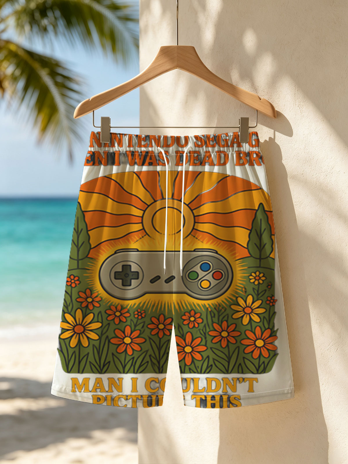 Super Nintendo Sega Genesis Controller in Sunflower Field: Nostalgic Gaming Memory -  Beach shorts