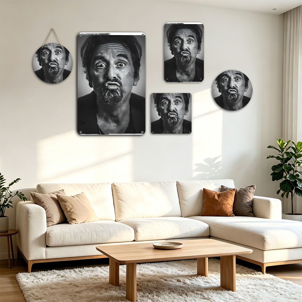 Al Pacino in a dramatic black-and-white portrait, displaying an intense expression with wide eyes and a furrowed brow. - painting