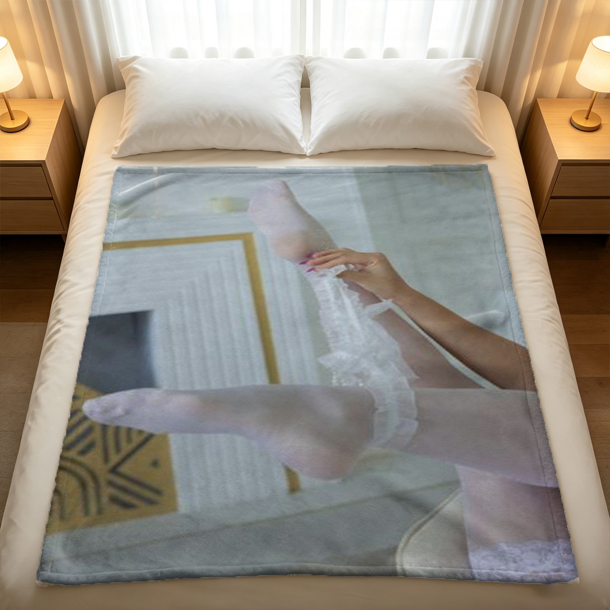 Mao Asada in purple lingerie and black stockings lying on bed - Blanket