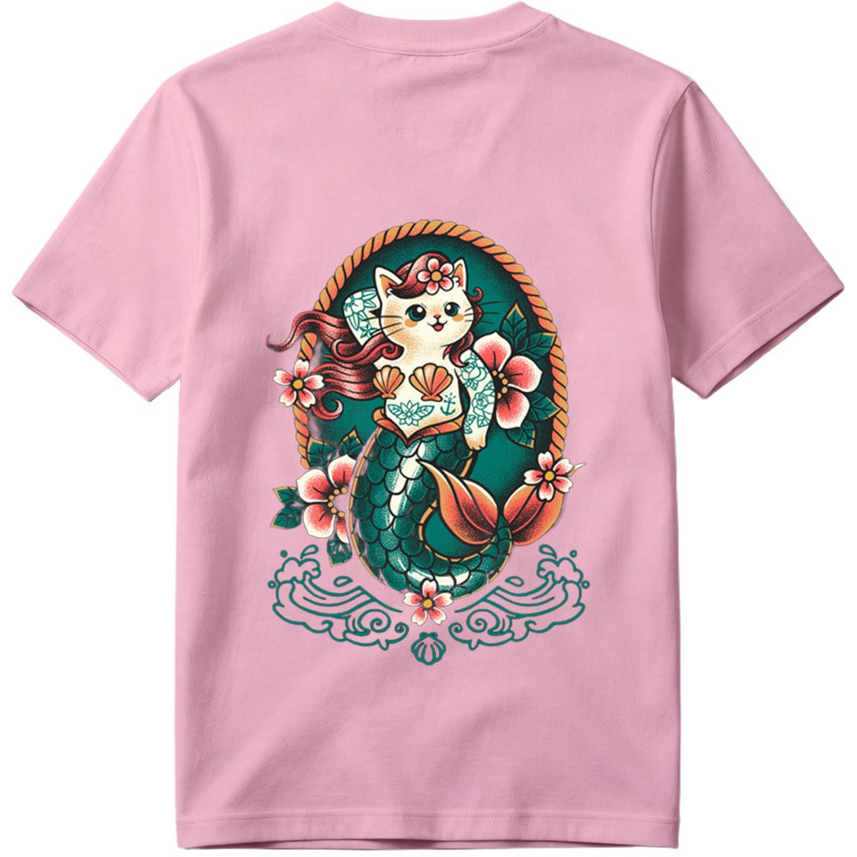 Mermaid Cat with Floral Tattoo Design - Tee