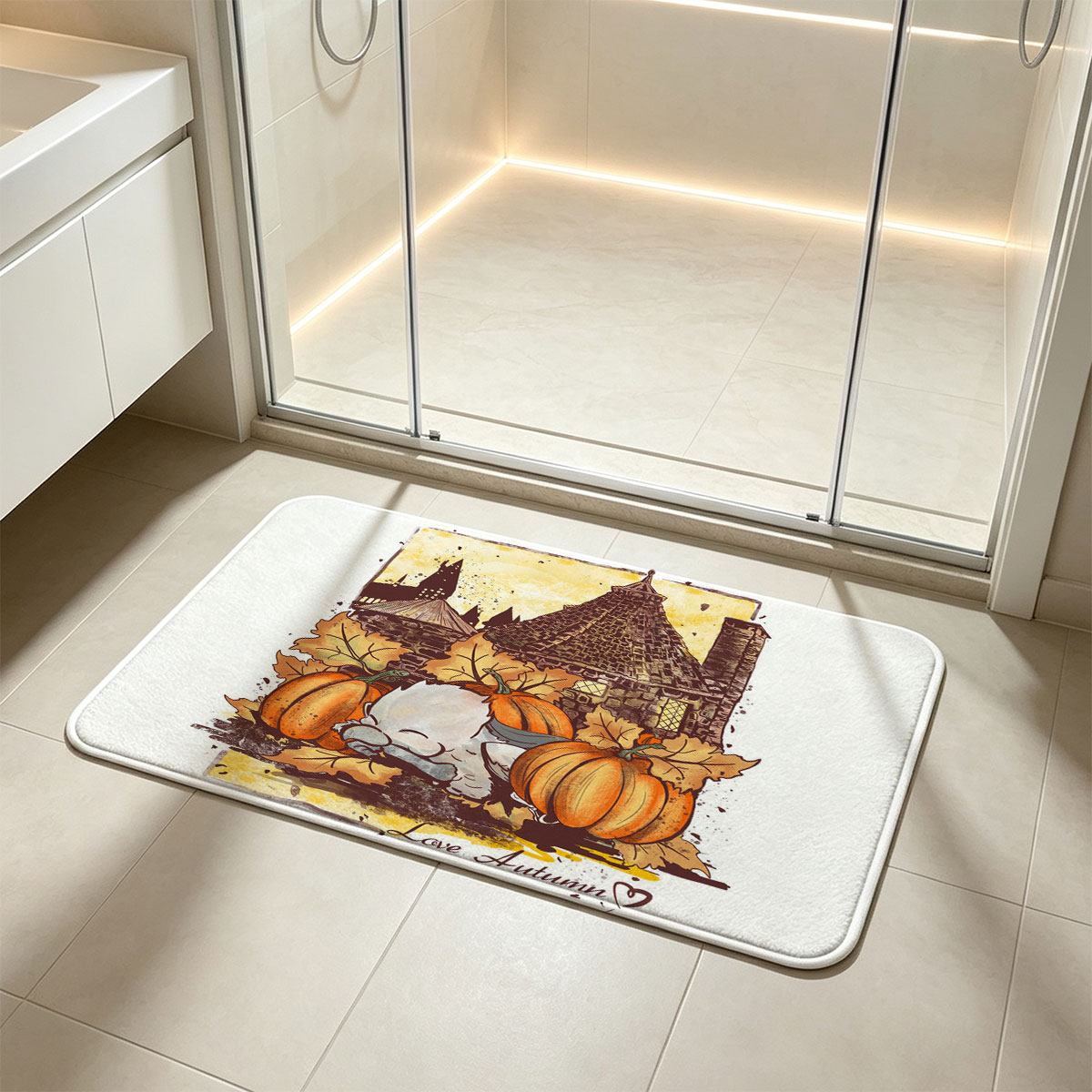 Cute Owl Sleeping Among Pumpkins and Autumn Leaves with Castle Background - Love Autumn - Flannel floor mat