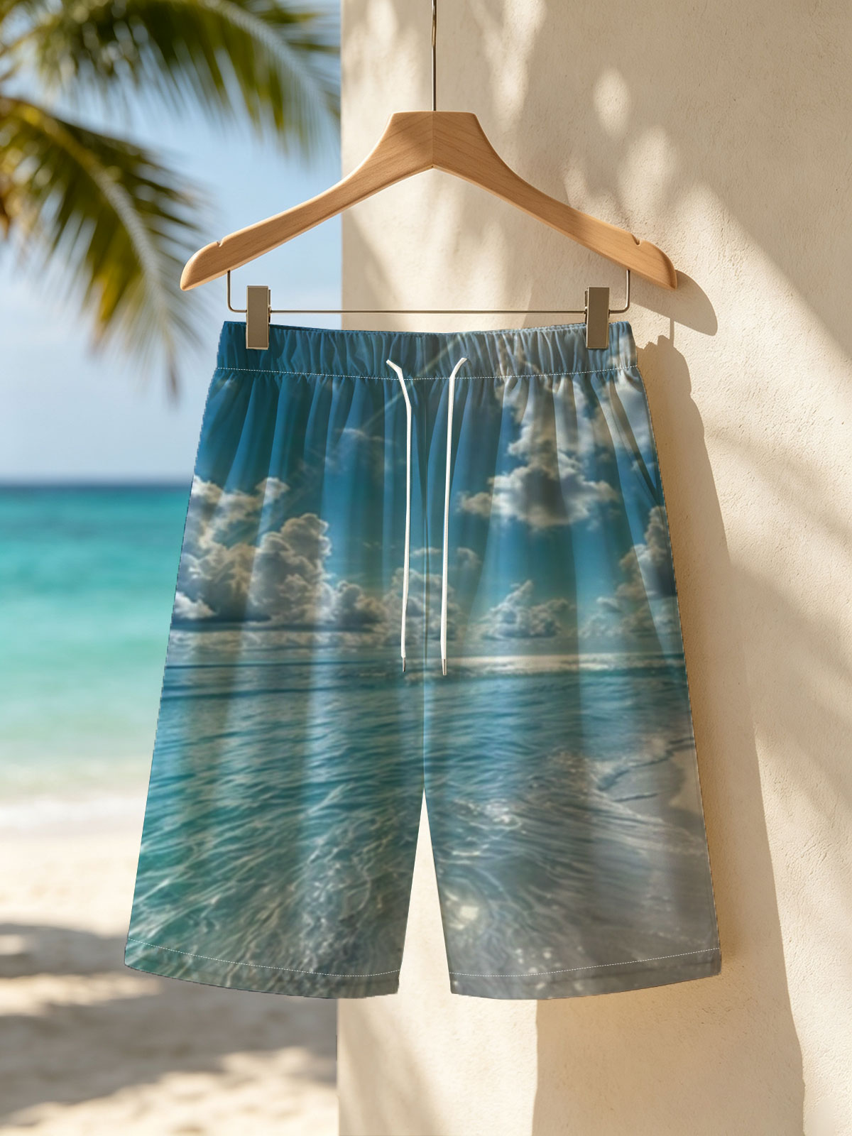 Sunlit Beach with Crystal Clear Waters and Fluffy Clouds -  Beach shorts