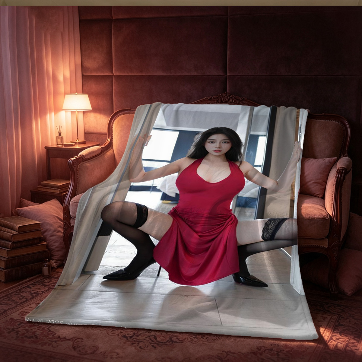 Redhead in black lingerie on illuminated bridge at night - Blanket
