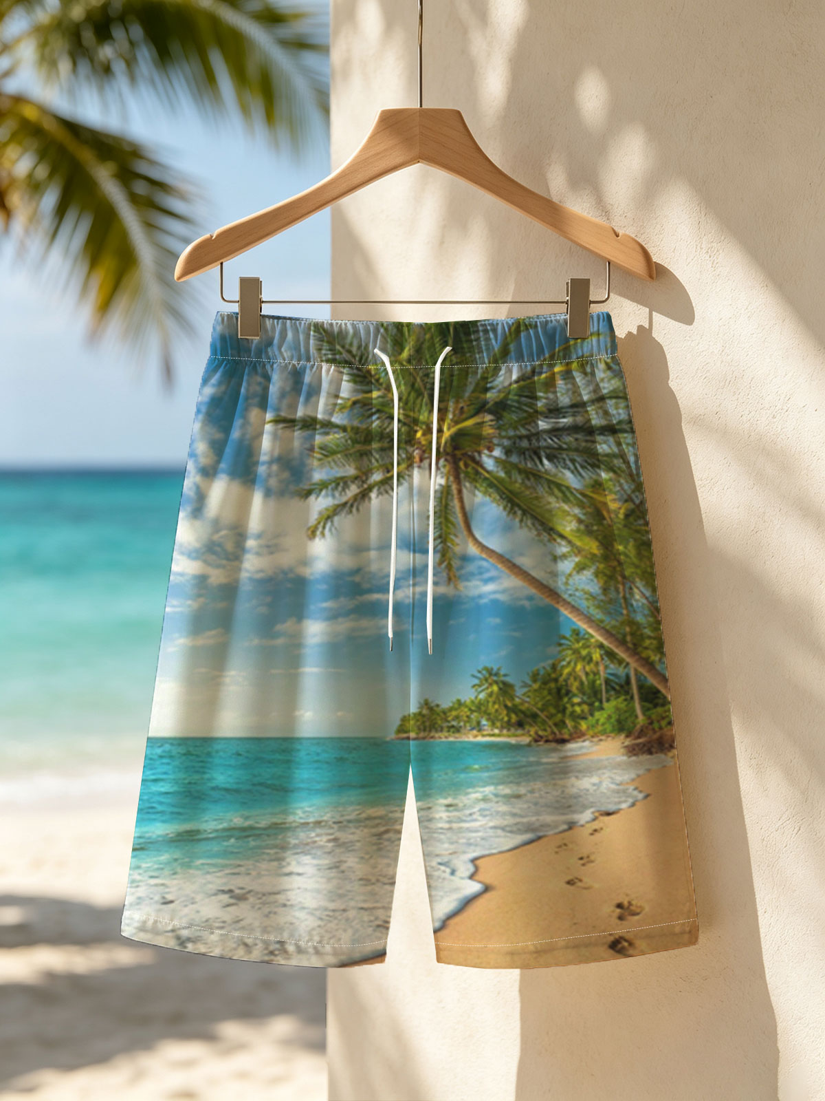 Tropical Beach with Palm Trees and Crystal Clear Water -  Beach shorts