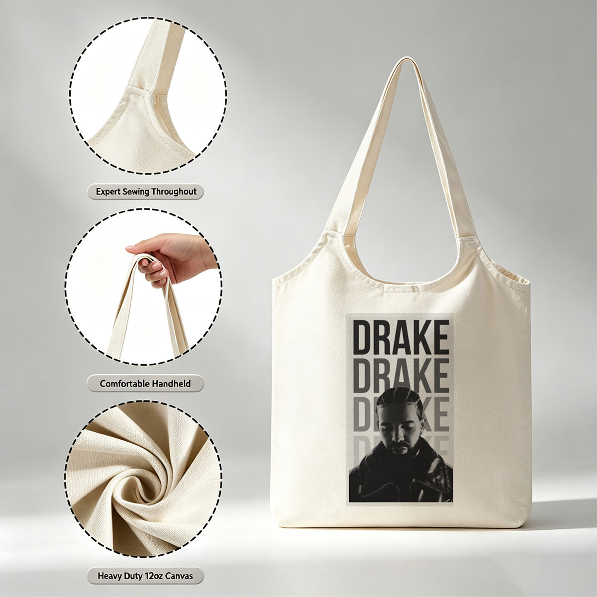 Drake in a Bold Monochrome Portrait with Stacked Name Typography - Canvas shoulder bags/