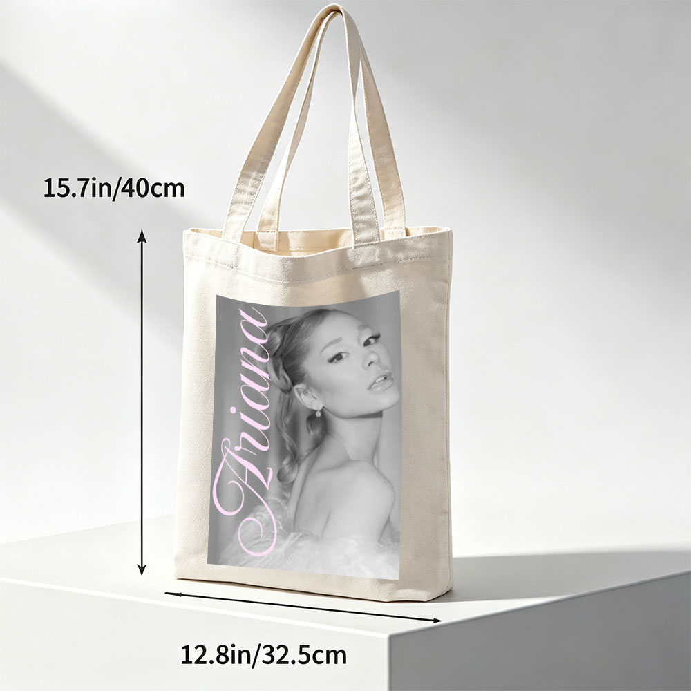 Ariana Grande Elegant Black and White Portrait with Pink Text Overlay - Canvas tote bags