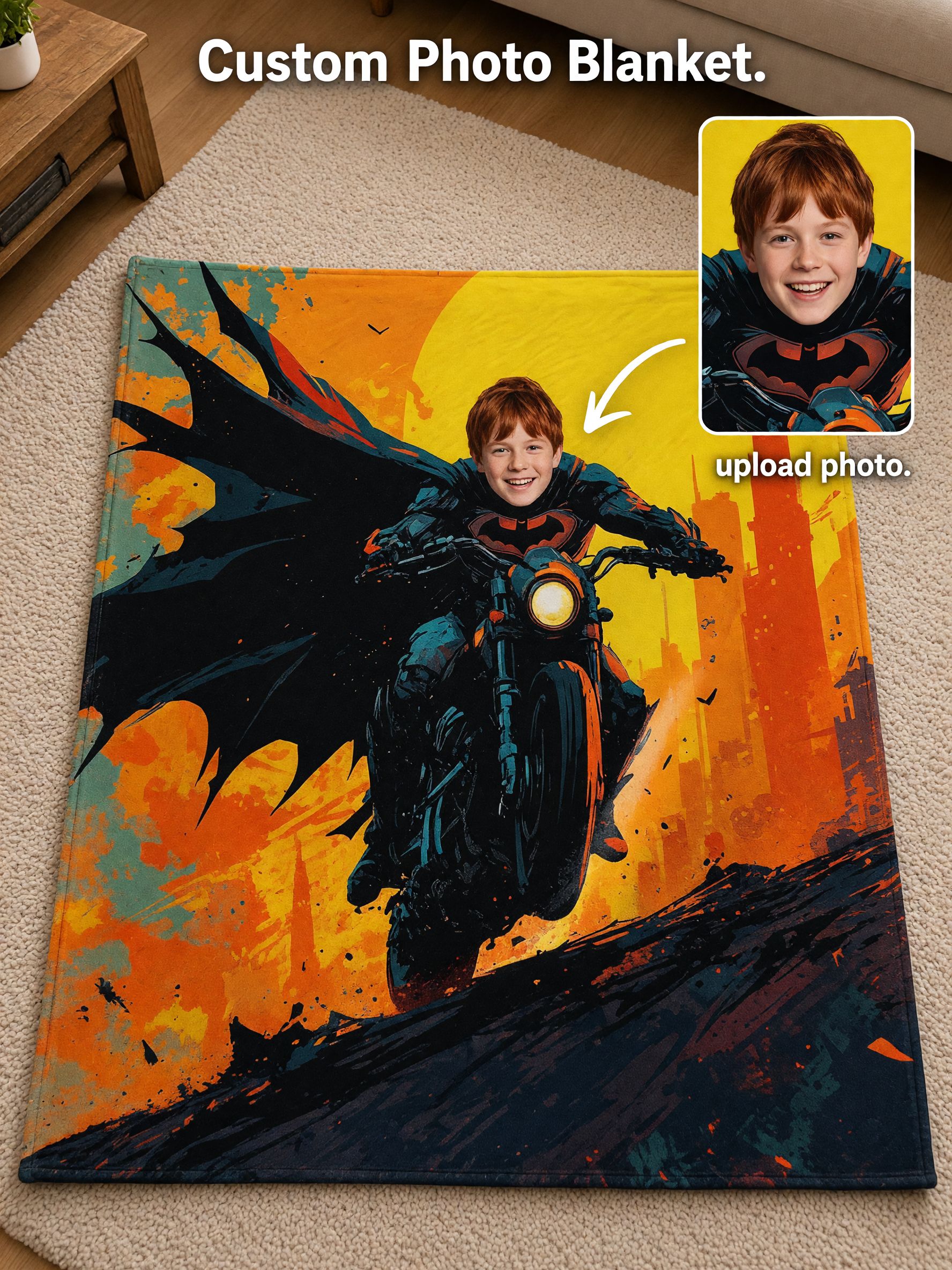 Custom Photo Superhero Flannel Fleece Throw Blanket with Personalized Face, Soft Plush Warmth Ideal Personalized Gift