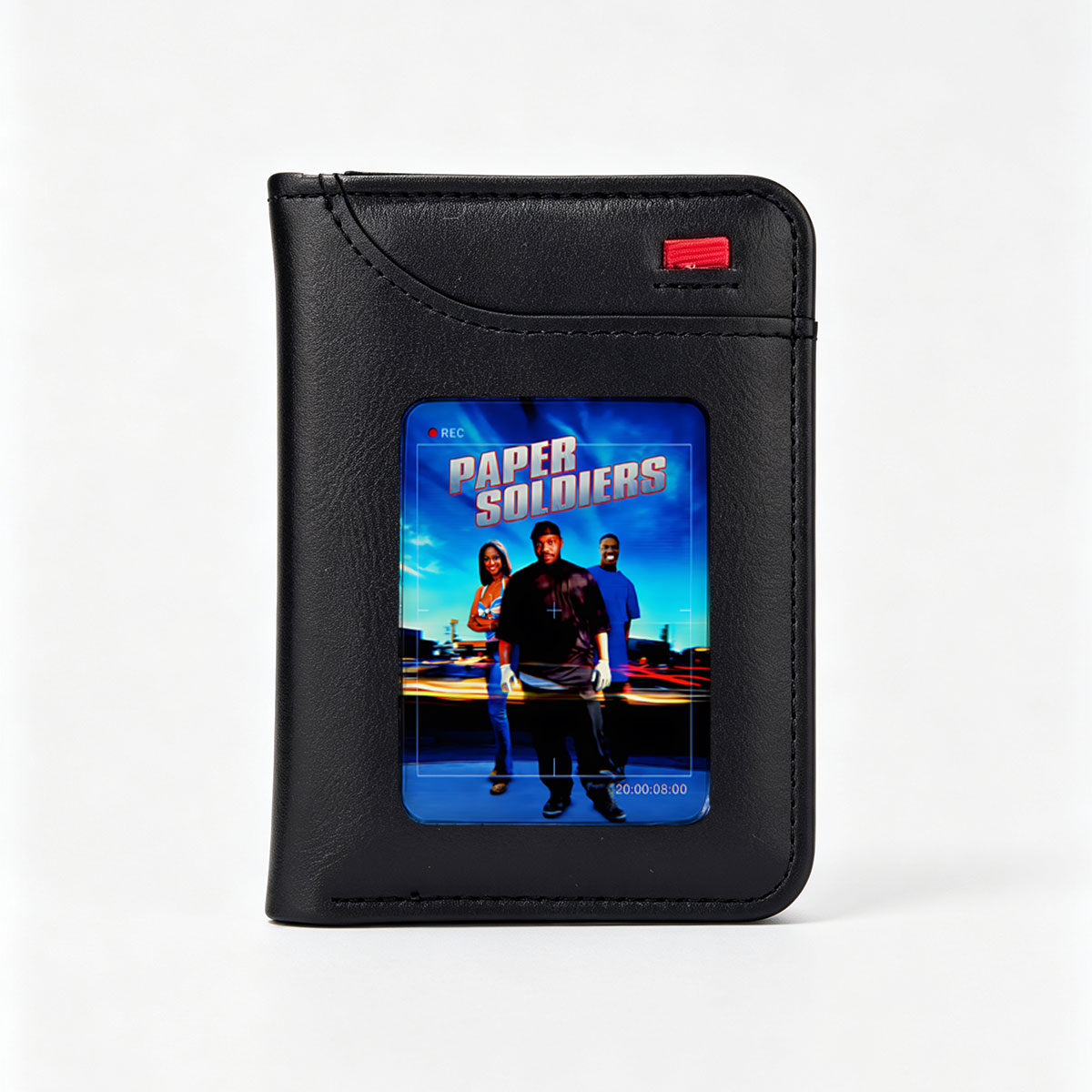 Paper Soldiers: Three Characters in Action Pose with Urban Background and Recording Interface Overlay - Vertical Style Wallet