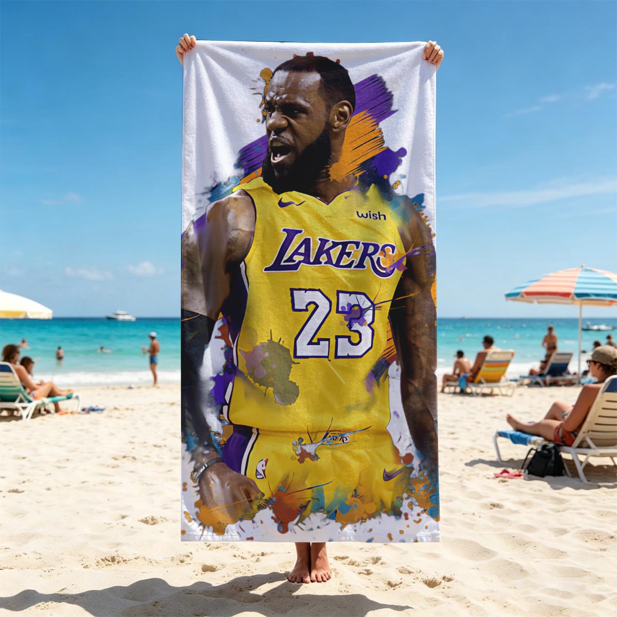 LeBron James in Lakers Jersey, Number 23, Dynamic Artwork - Beach towels