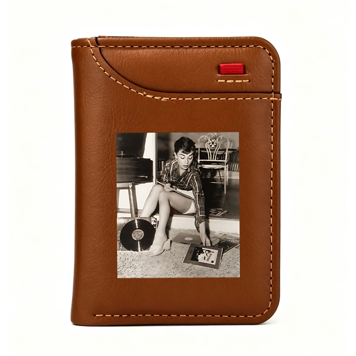 Audrey Hepburn Selecting Vinyl Records in a Cozy Room - Vertical Style Wallet