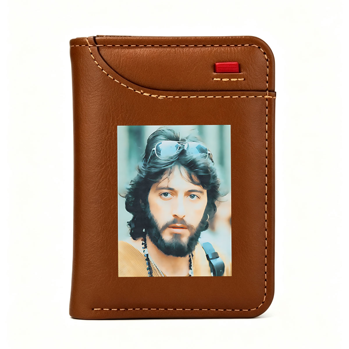 Bob Seger with sunglasses on head, wearing beads and a guitar strap - Vertical Style Wallet