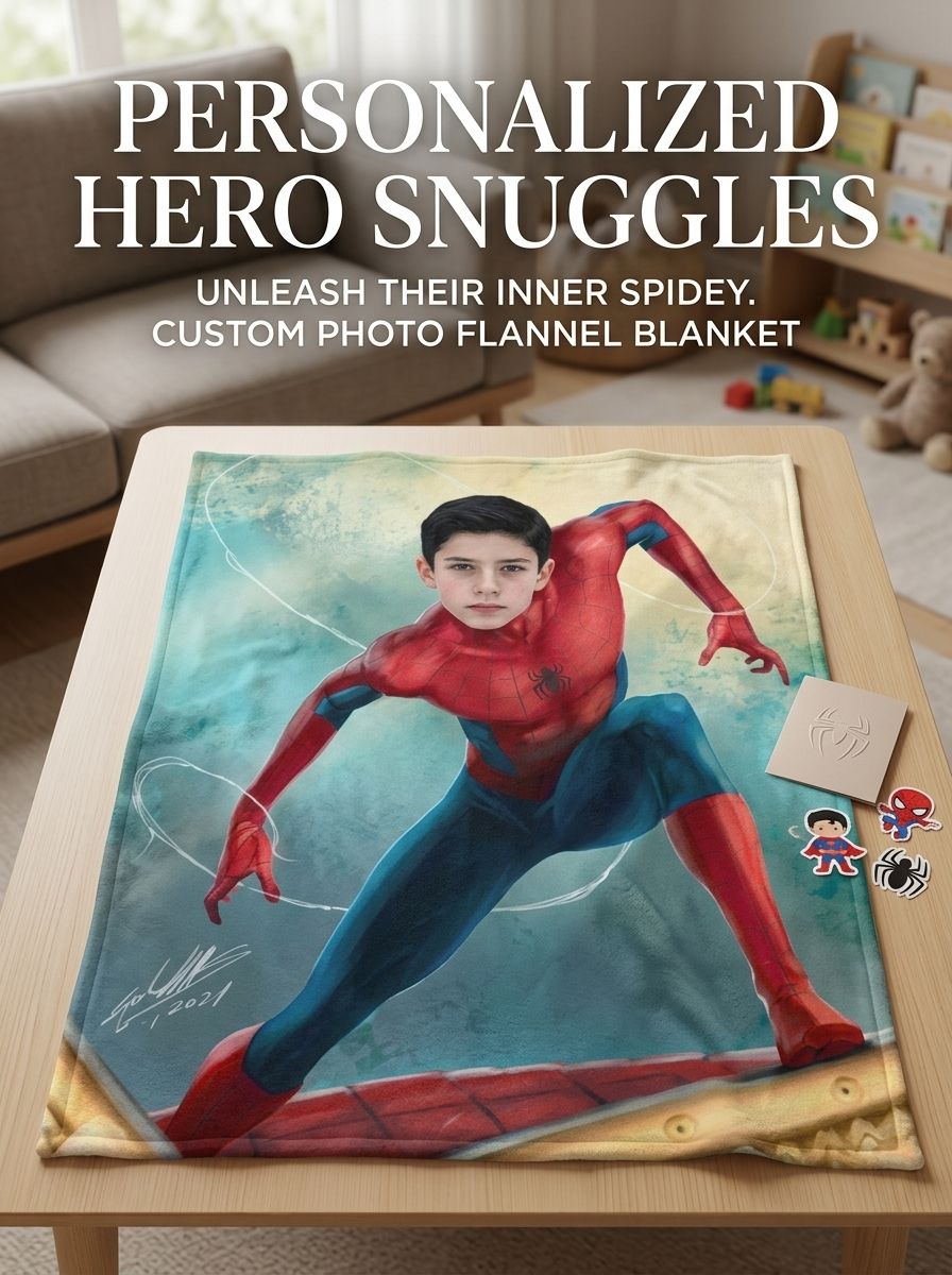 Custom Photo Face Superhero Flannel Blanket, Personalized Soft Fleece Throw for Bed Couch, Cozy Unique Keepsake Gift