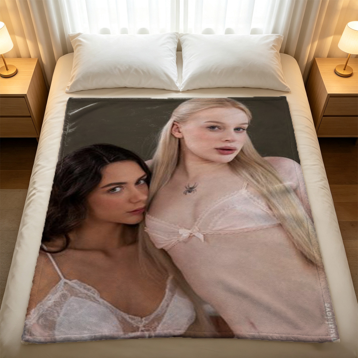 A woman in a white shirt and panties sitting on a kitchen counter. - Blanket
