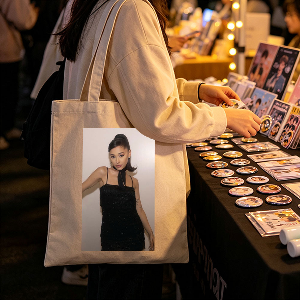 Ariana Grande in a Black Sparkle Dress with High Ponytail and Elegant Makeup - Canvas tote bags