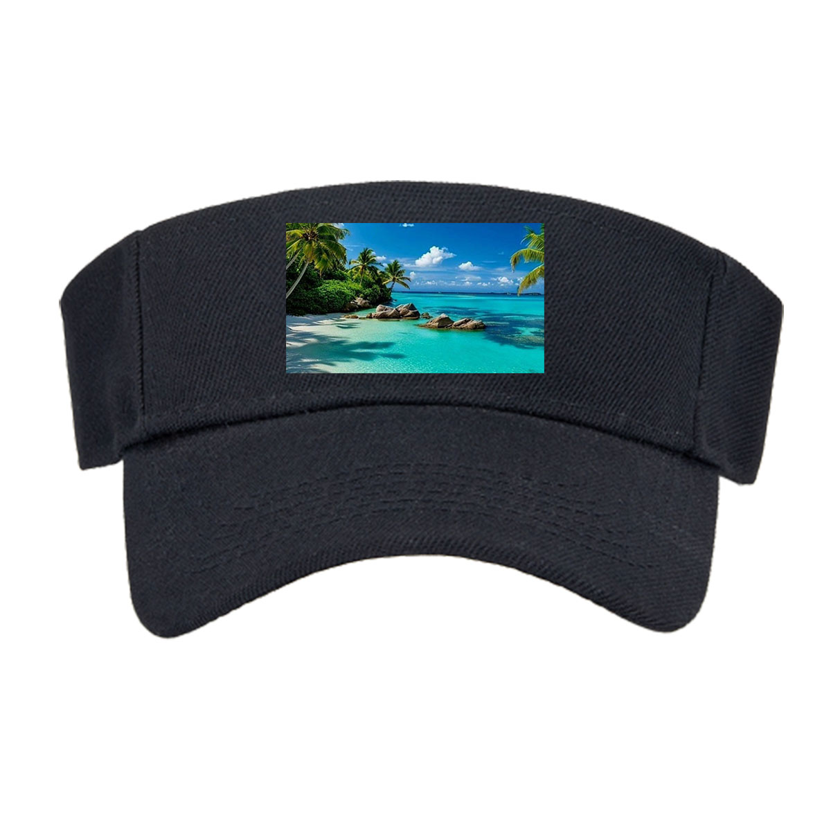 Couple relaxing on a tropical beach with turquoise waters and palm trees -  Visor cap