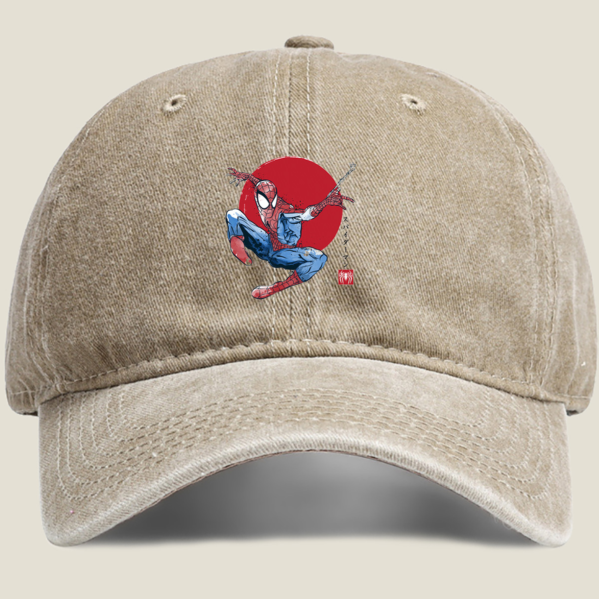 Spider-Man in Action Against Red Sun Background - Washed Denim - Baseball Cap