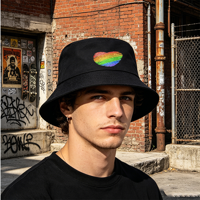 Unisex Classic Bucket Hat with Rainbow Heart Glitter Print - Perfect for Pride Events, Outdoor Activities, and Everyday Wear - Ideal for Adults Seeking Fashionable and Comfortable Sun Protection