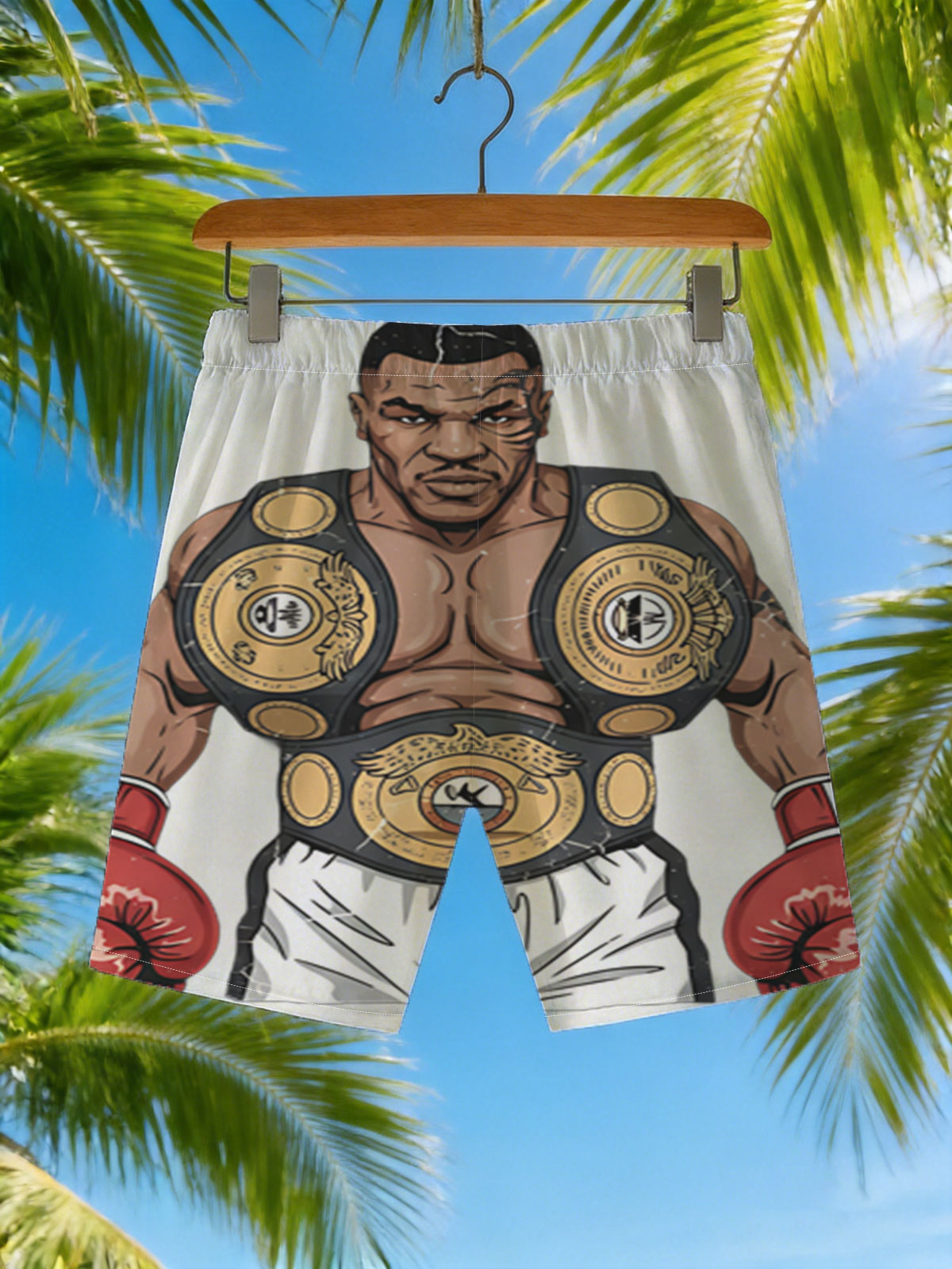 Mike Tyson in Boxing Glory with Championship Belts -  Beach shorts