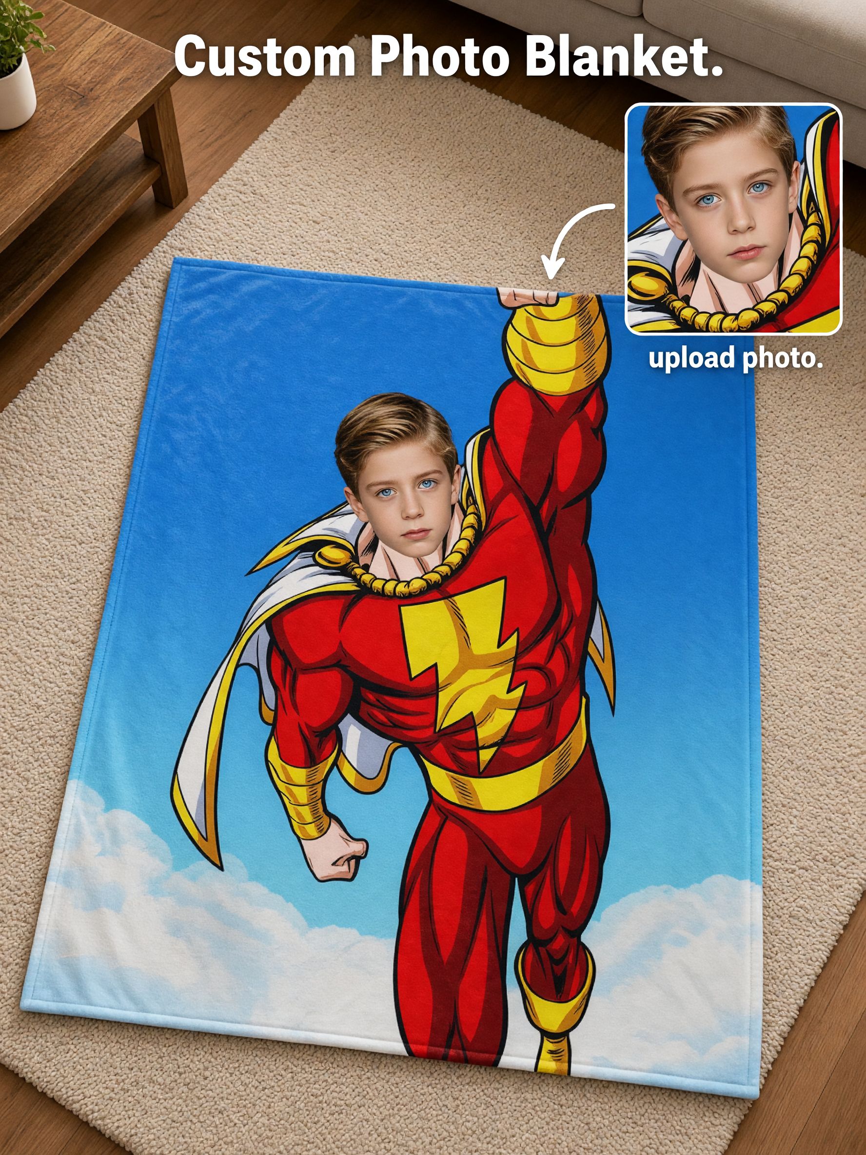 Custom Photo Superhero Flannel Blanket, Personalized Hero Face Soft Fleece Throw, Unique Cozy Gift for Kids and Fans