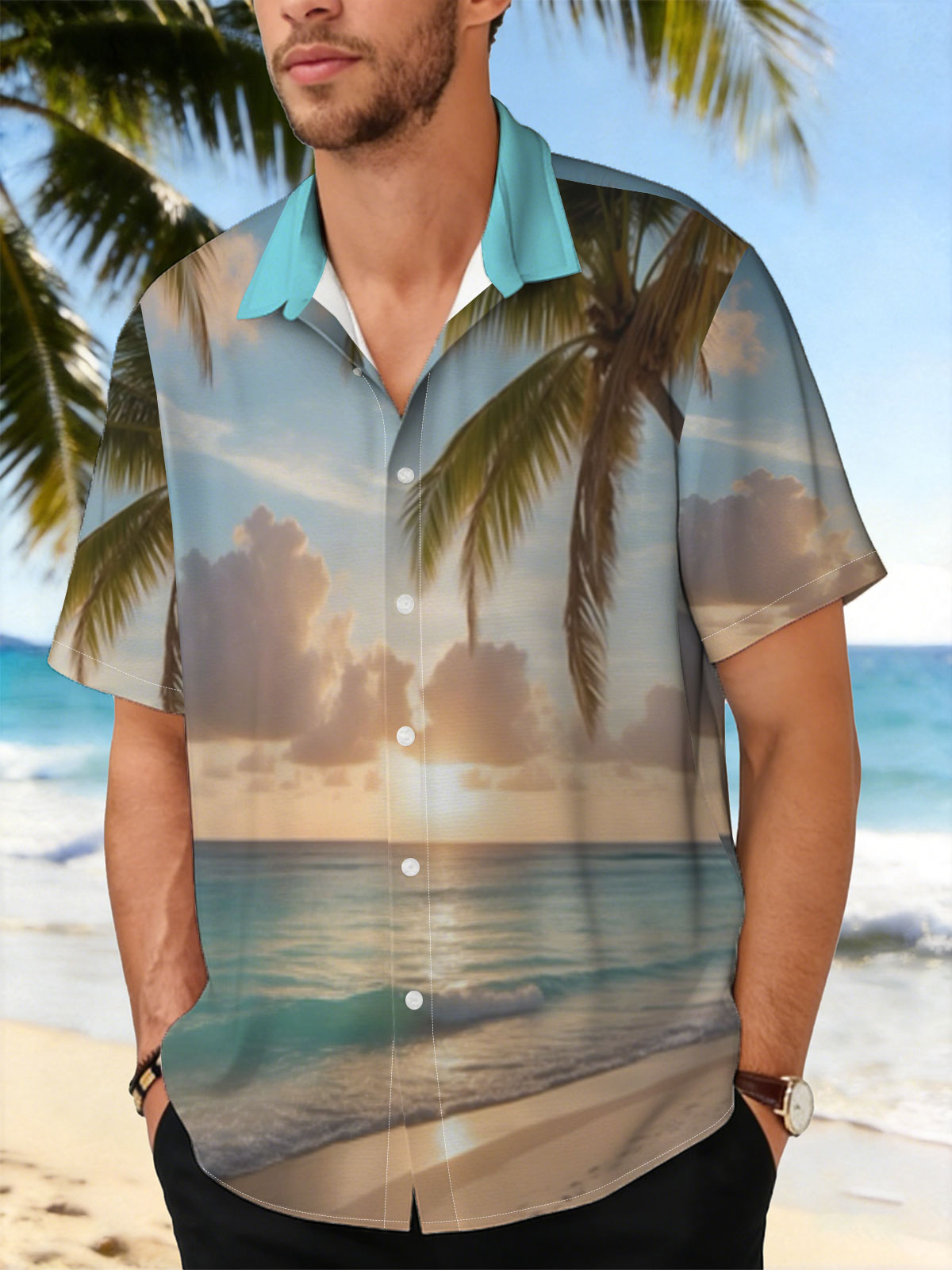 Sunset on a tropical beach with palm trees and calm ocean waves. -  Shirt