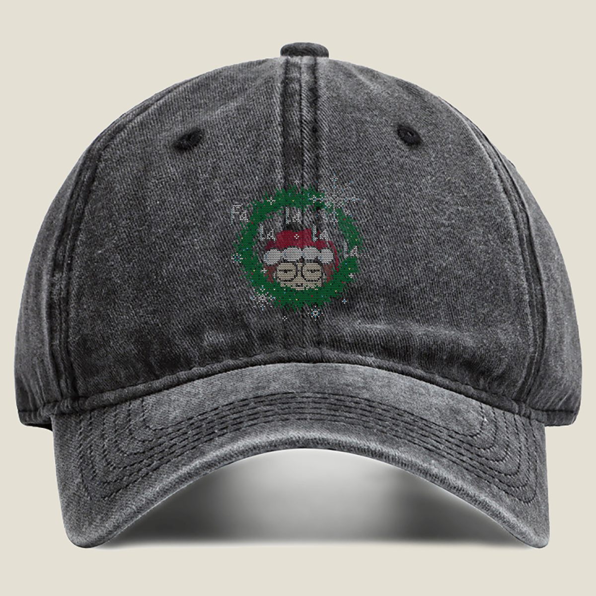 Santa Claus in a Christmas Wreath - Washed Denim - Baseball Cap