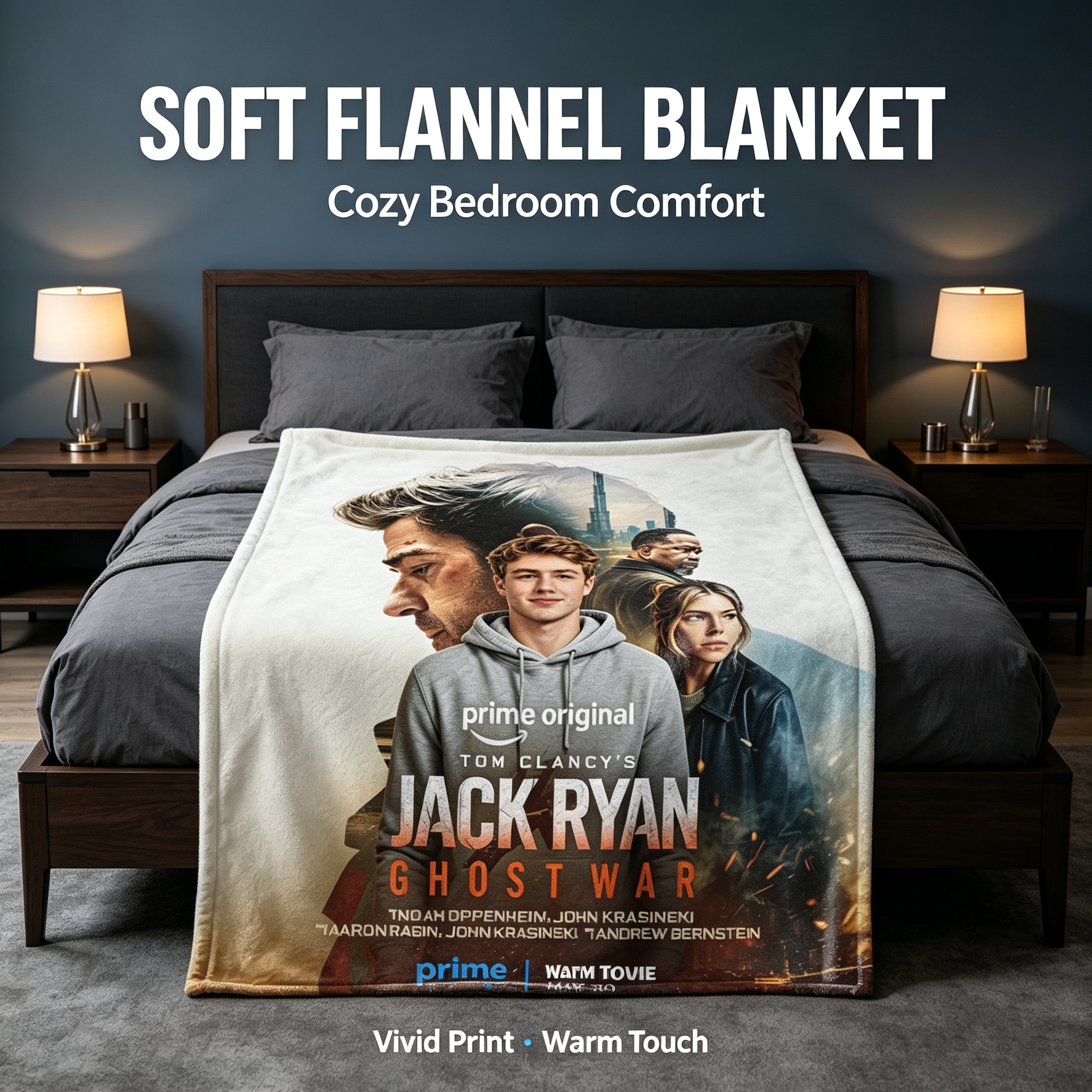 Custom Face Blanket Tom Clancy's Jack Ryan Ghost War Flannel Blanket Movie Fan Gift for Home or Travel Comfort and Cozy Decor