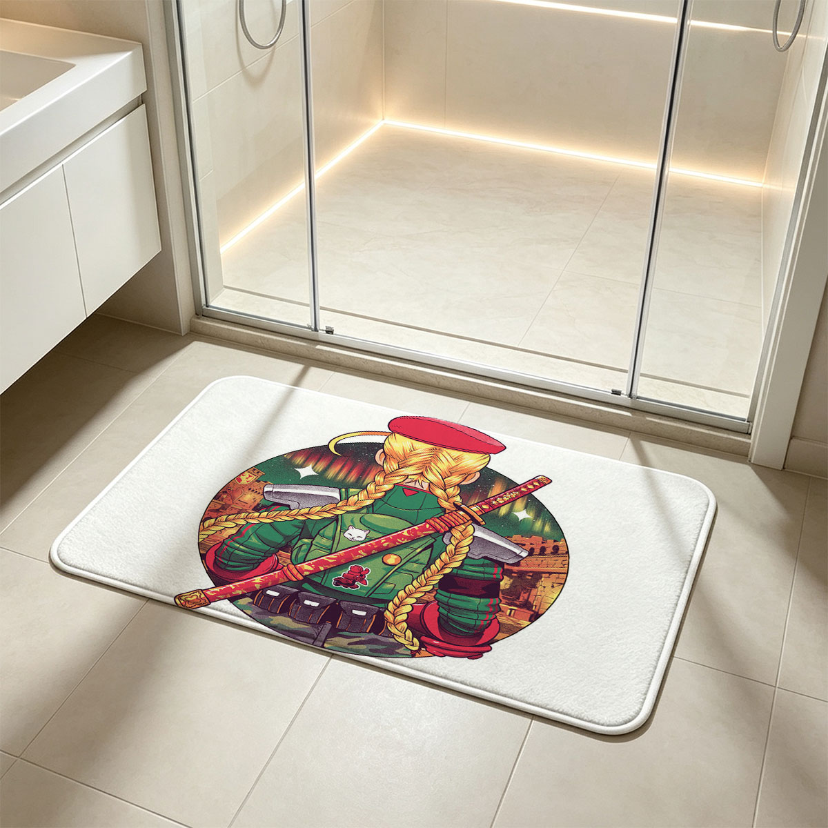 Blonde Warrior with Red Beret and Katana, Futuristic Urban Background - Flannel floor mat