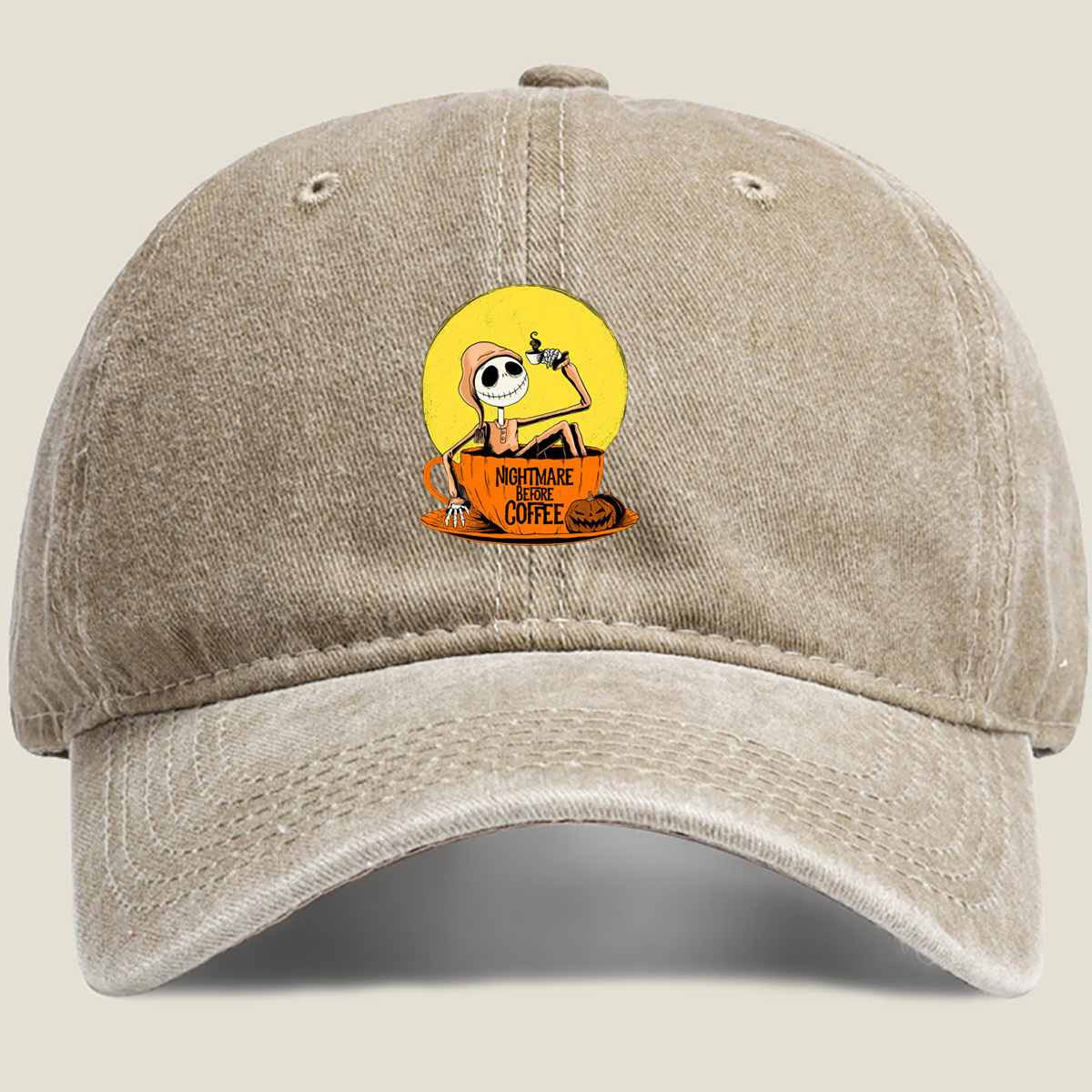 Jack Skellington in Coffee Cup - Nightmare Before Coffee - Washed Denim - Baseball Cap