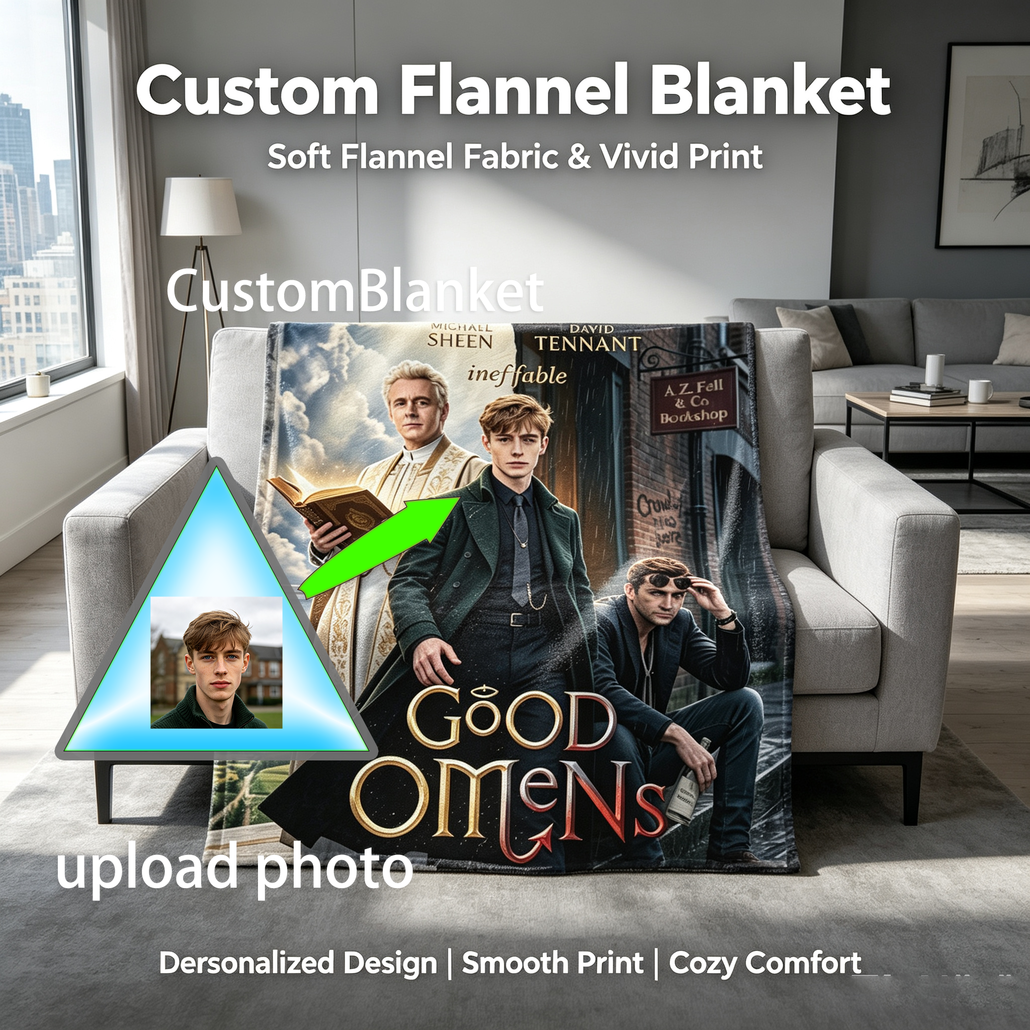 Custom Face Blanket Good Omens Michael Sheen David Tennant Flannel Blanket Fan Gift for TV Show Lovers Home Decor Present