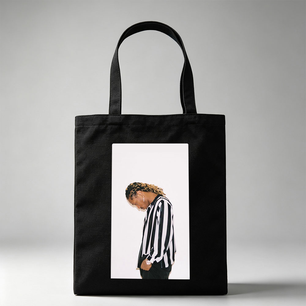 Lil Durk in a Striped Shirt with Braided Hair Against a White Background - Canvas tote bags