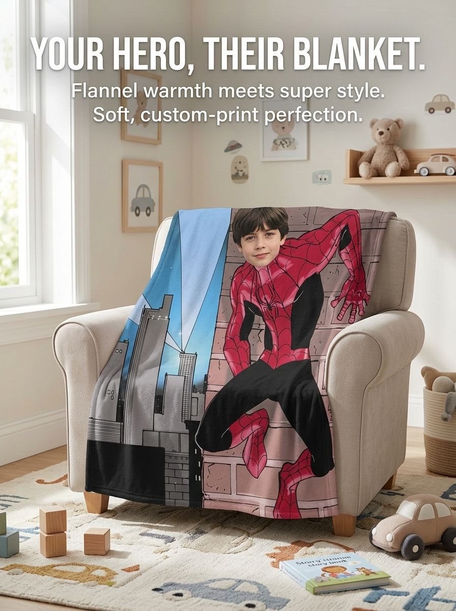 Custom Face Photo Superhero Flannel Blanket Soft Personalized Throw for Bed and Sofa Ideal Gift for Kids and Family