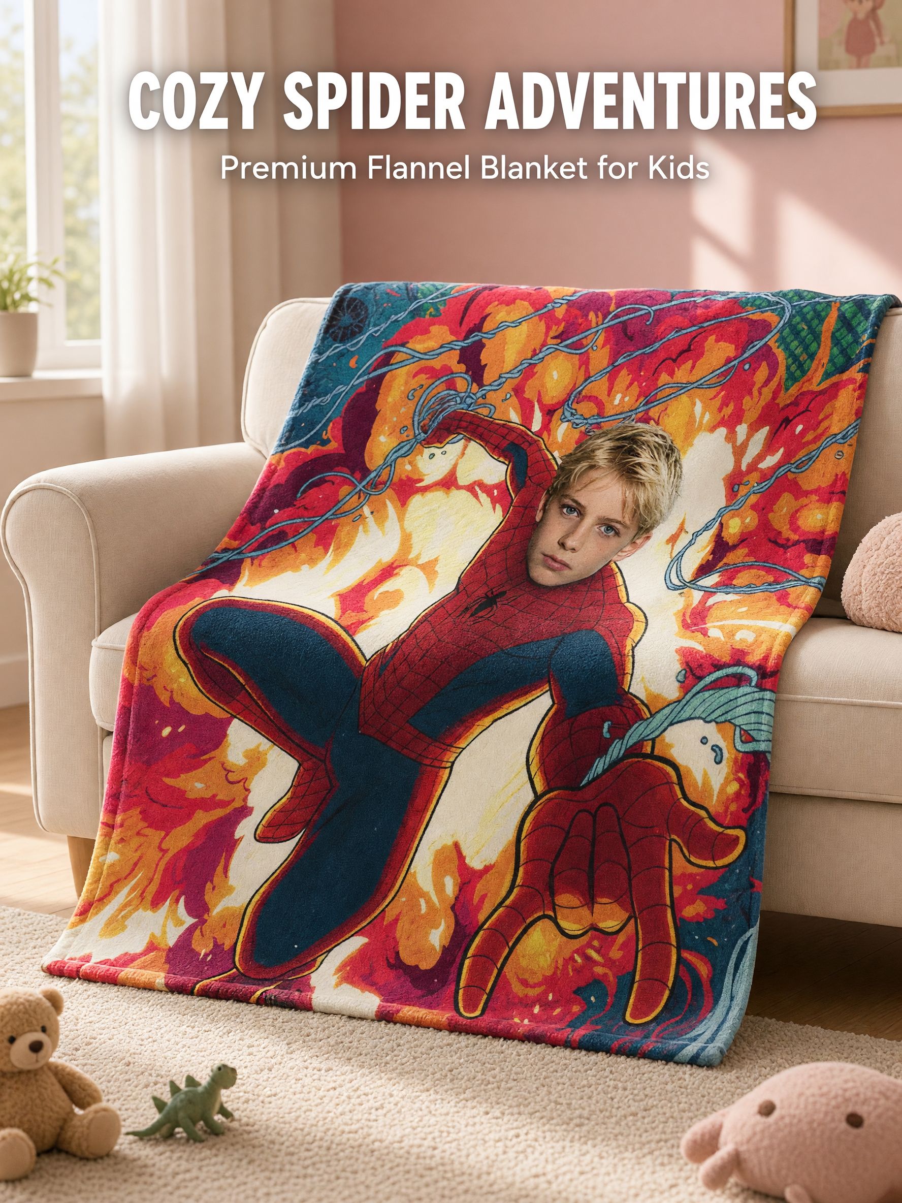 Personalized Superhero Face Photo Blanket Custom Velvet Flannel Throw for Kids Adults Comic Action Hero Gift