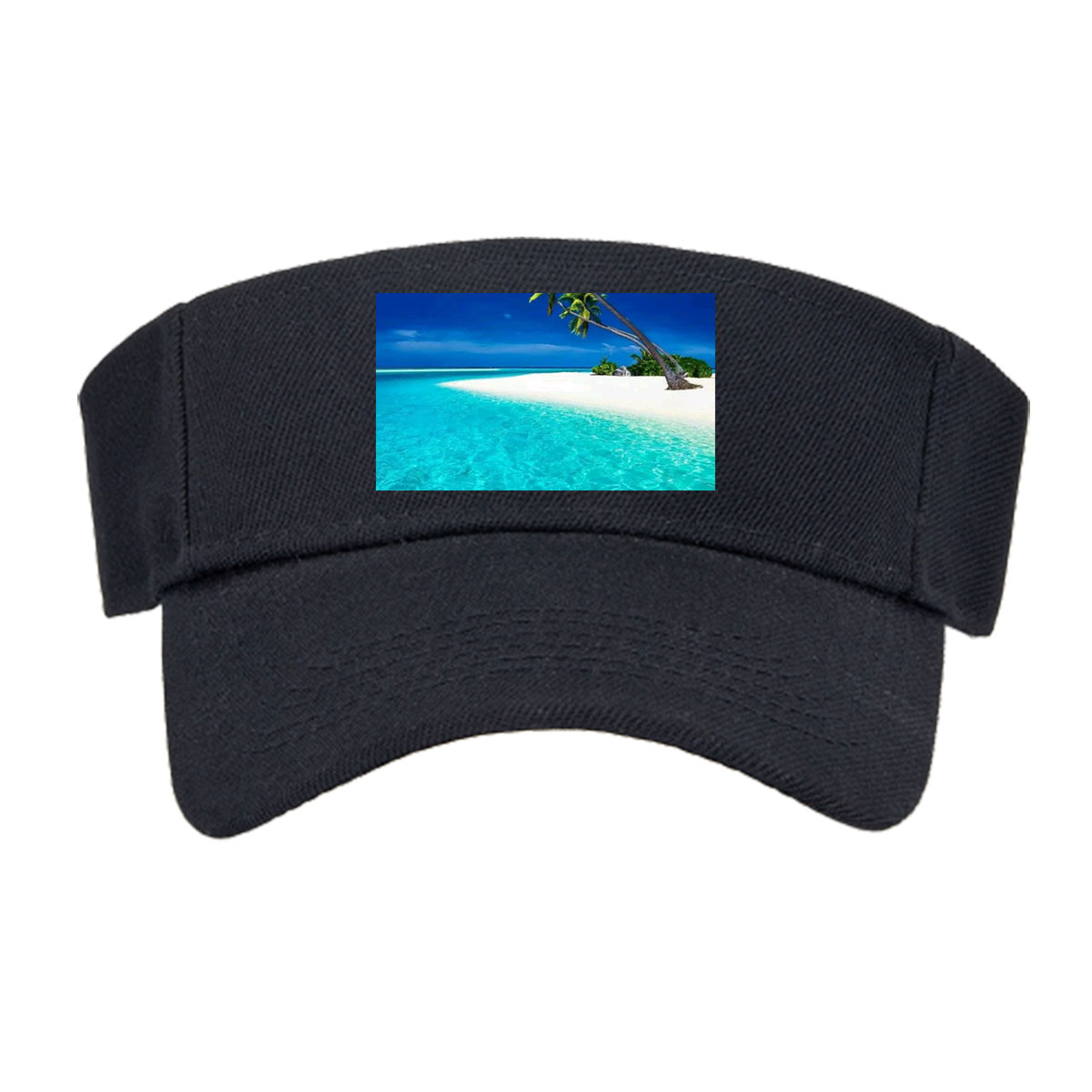 Serene tropical beach with crystal clear turquoise water and leaning palm trees under a vibrant blue sky. -  Visor cap