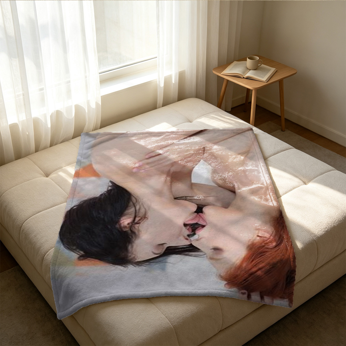 Barefoot Asian girl in white lingerie lying on bed with legs up - Blanket