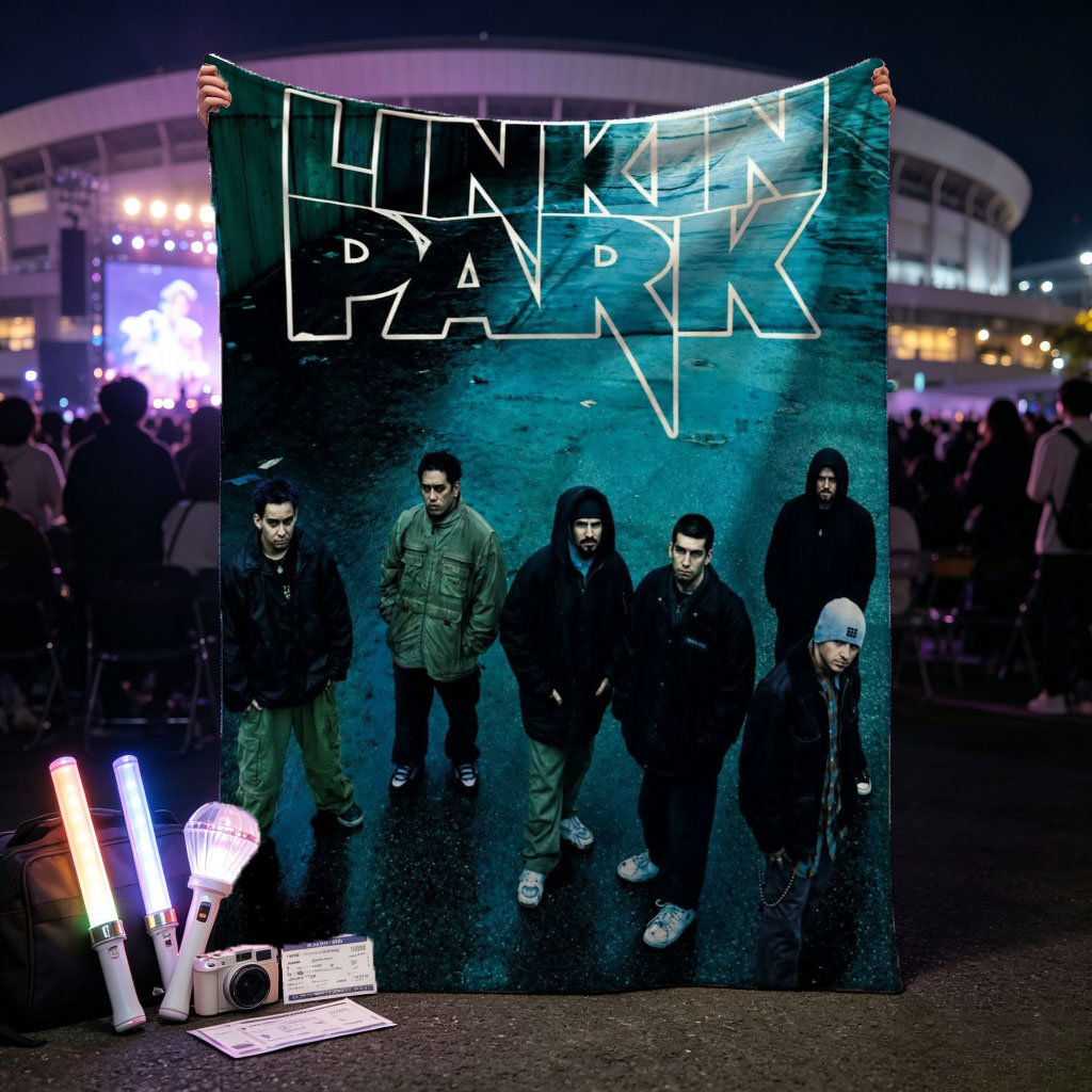 Linkin Park Band Standing in a Rainy Industrial Alleyway with Bold Logo Overlay - Blankets
