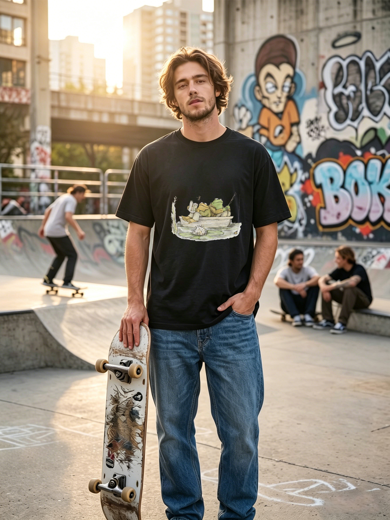 Men's Printed T-Shirt Frog Fishing and Reading in Boat Cartoon Design Casual Round Neck Summer Lightweight Breathable Short Sleeve T-Shirt for Outdoor Leisure Nature Lovers Adults