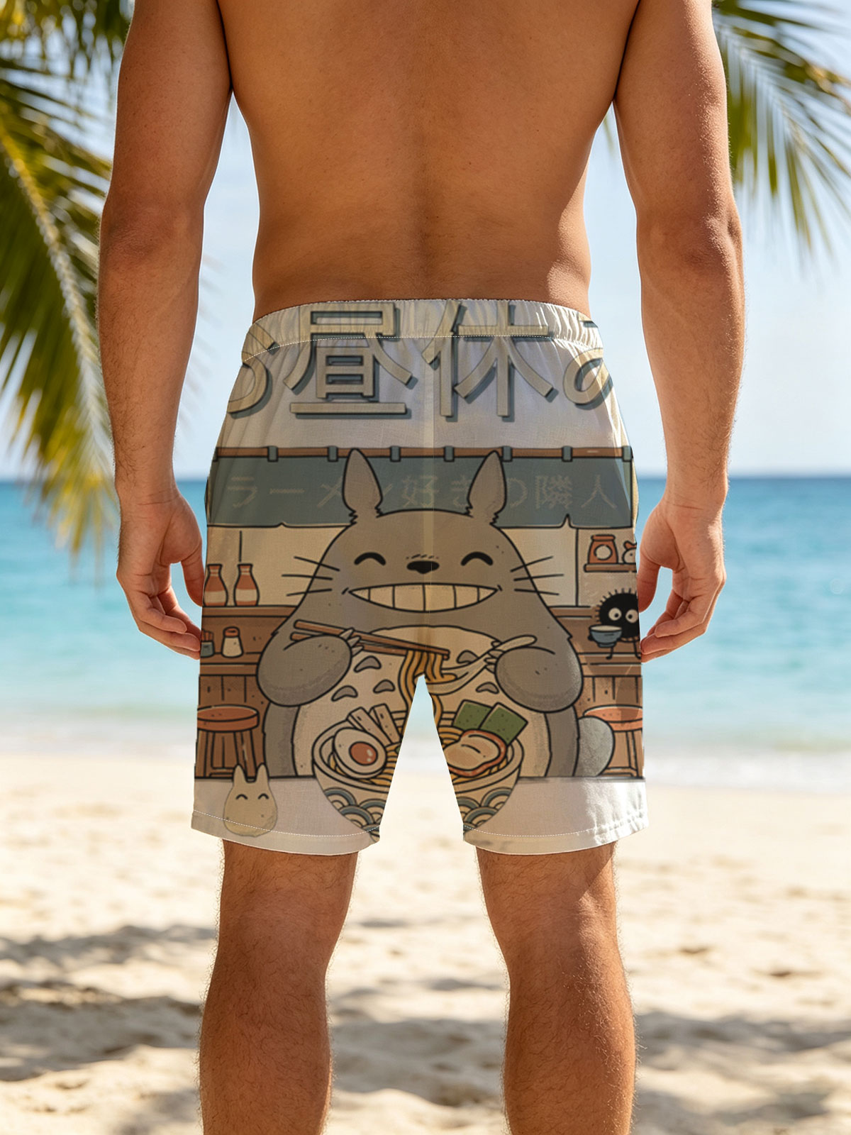 Totoro Enjoying Ramen at a Noodle Shop -  Beach shorts