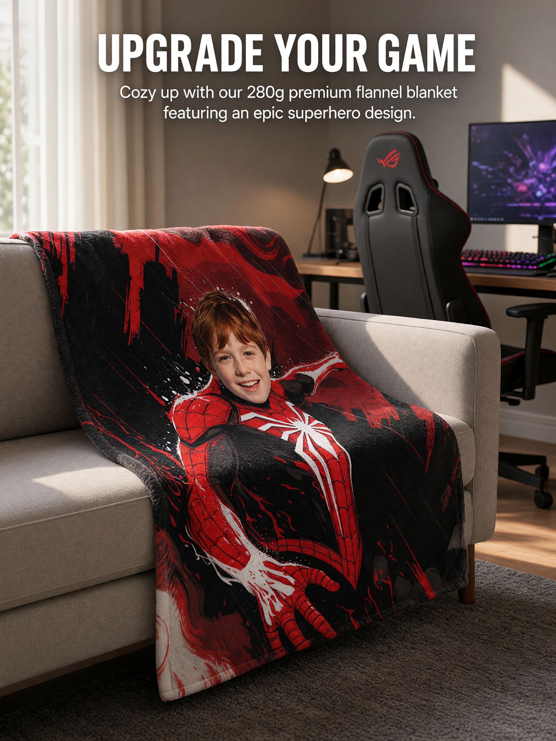 Custom Photo Superhero Flannel Blanket, Ultra Soft Personalized Face Throw, Ideal Cozy Gift for Kids and Couch