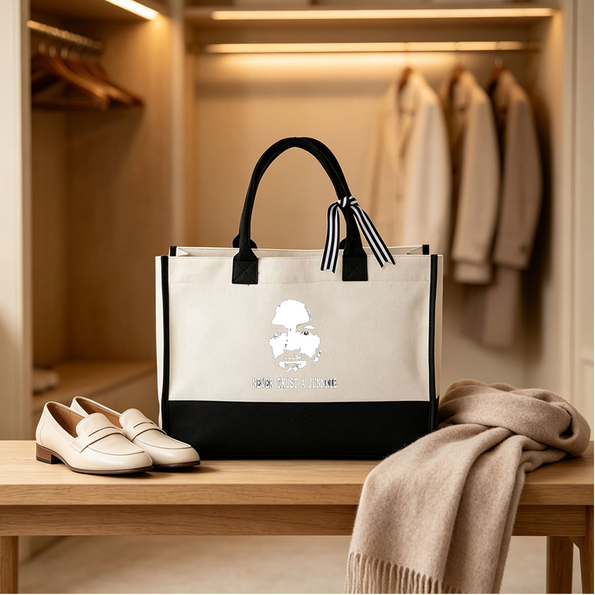 Never Trust a Junkie - Stylized Face Graphic - Canvas patchwork gift tote bag